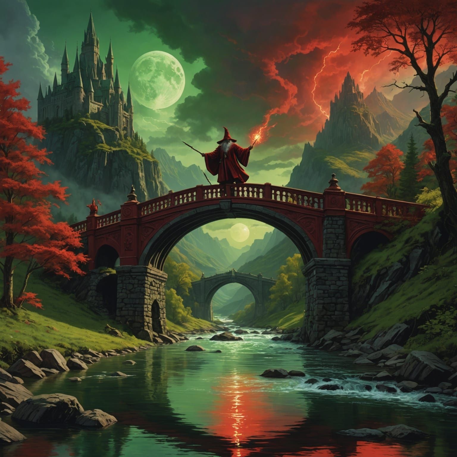 Wizard Conjuring Bridge in Fantasy Art Style