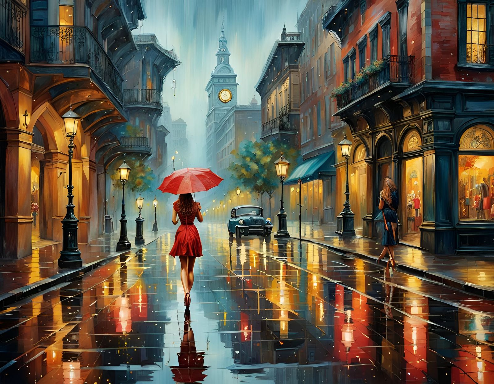 Rainy City Street Scene with Woman and Umbrella