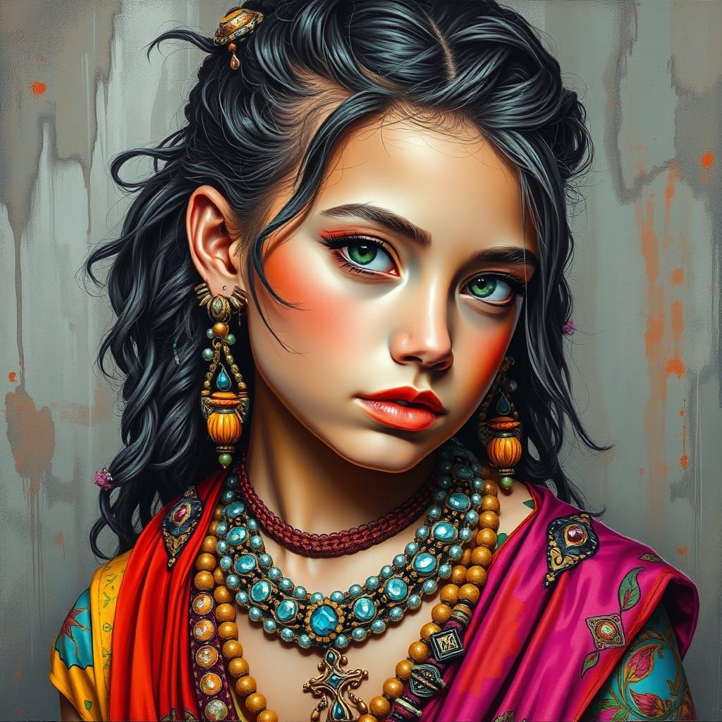 Hyperrealistic Teenager in Colorful Ancient Jewelry
