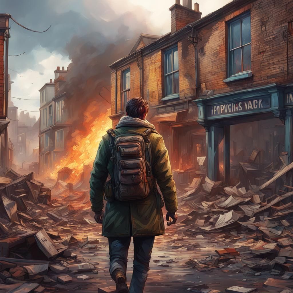 Apocalypse Survivor in Devastated Town: Hyperrealistic Art