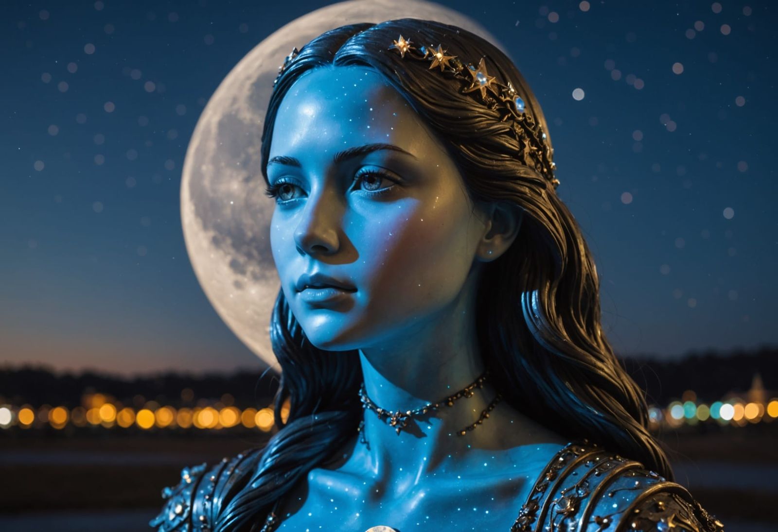 Girl-Moon Moonstone Sculpture Under Starry Sky