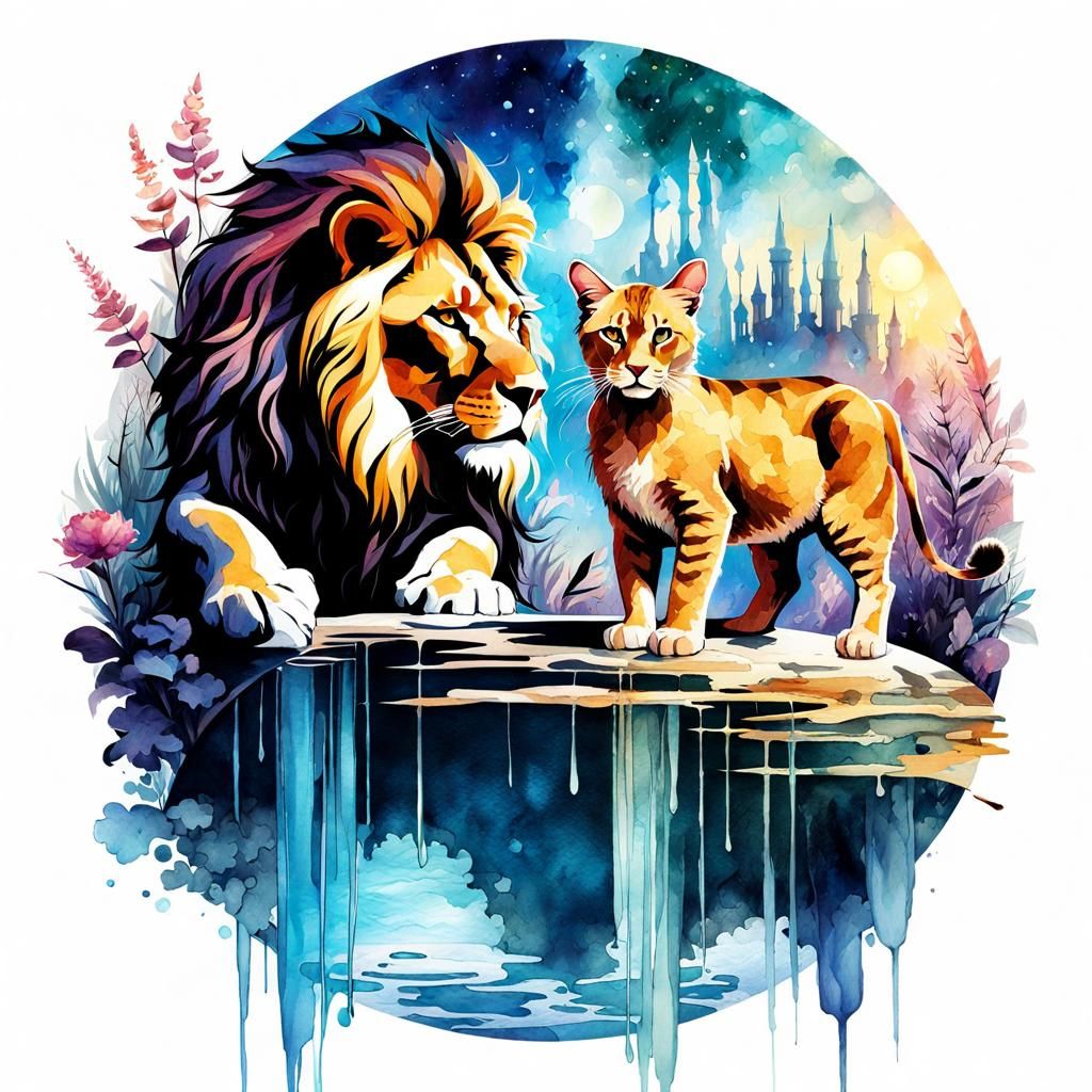 Lion and Cat Water Reflection in Fantasycore Style
