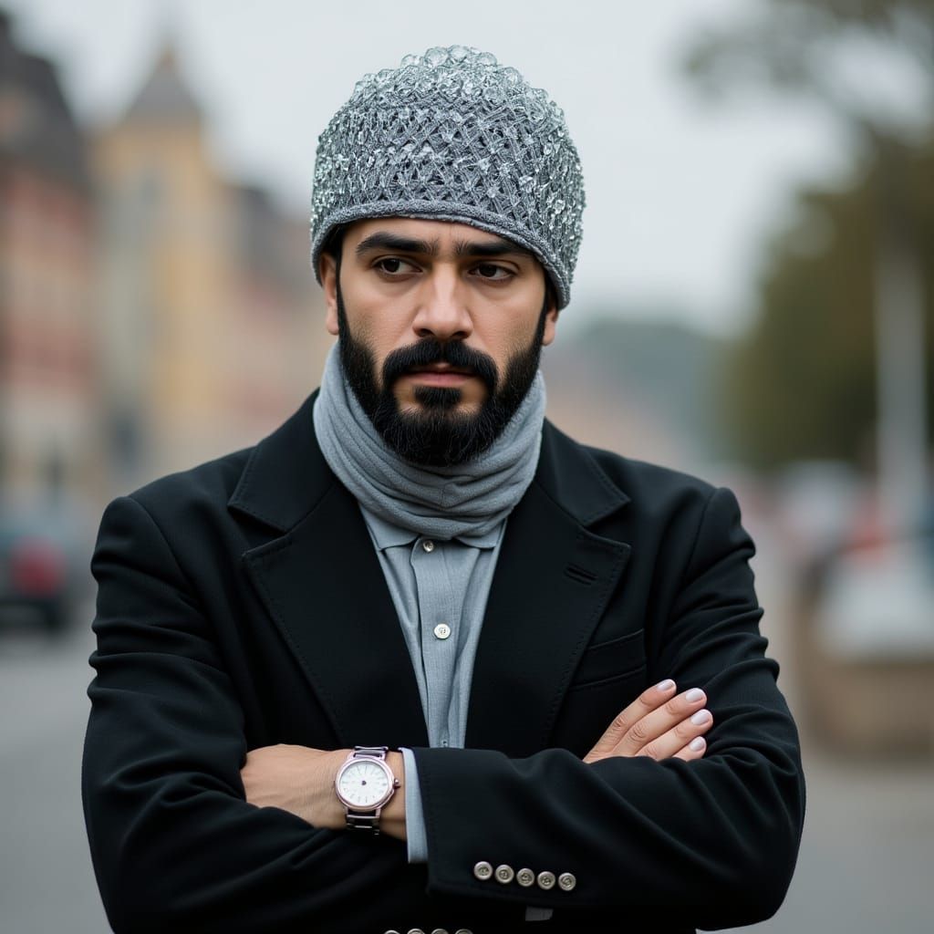 Bearded Man in Glass Hat: Professional Outdoor Portrait