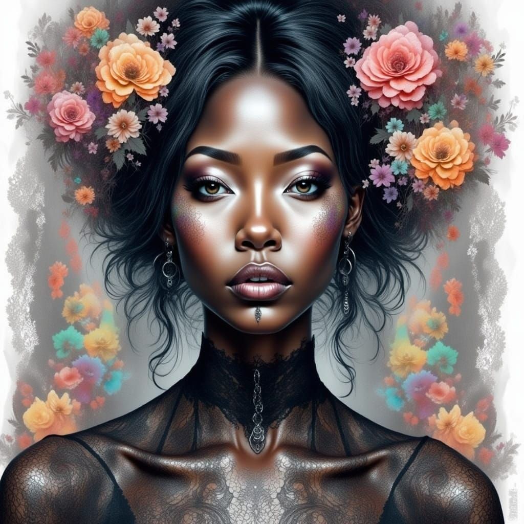 Watercolor Goth Woman with Lace Flower Background