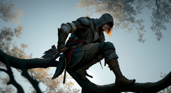Assassin's Creed Hero Crouches on a Branch in a Tree