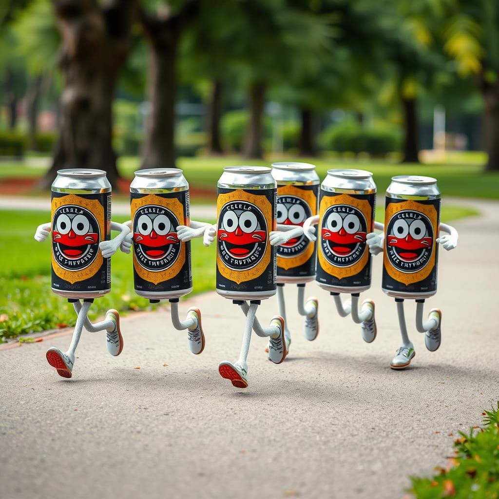 Surreal Beer Cans Run Through a Lush Park in Colorful Style