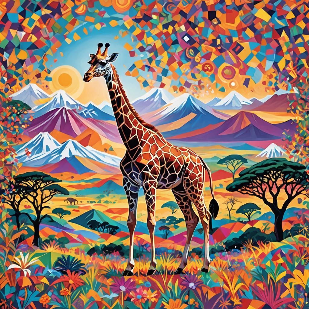 Giraffe in Tanzanian Savanna with Geometric Shapes