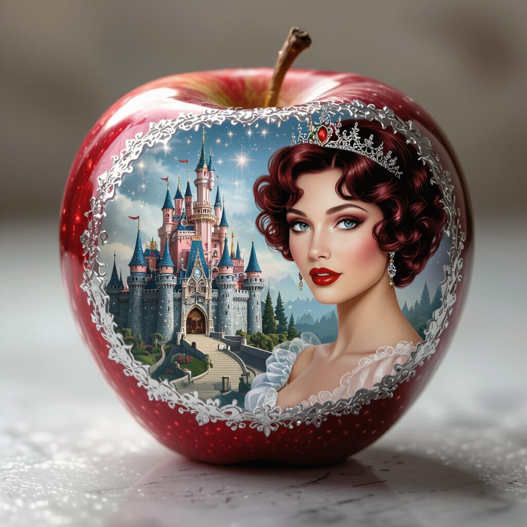Magical Apple Reflection: Fairytale Castle and Woman Portrai...