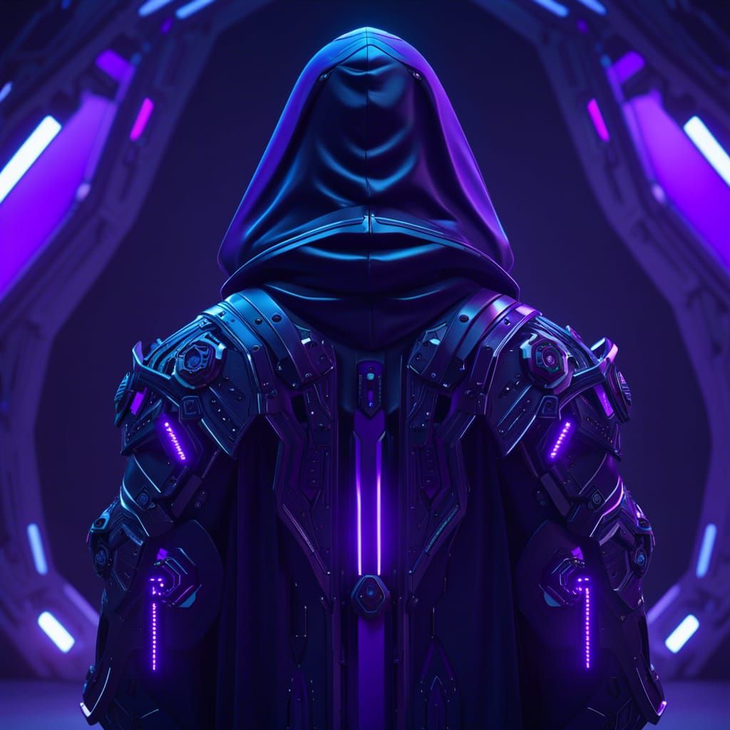 Man in Hooded Robe in Cyberpunk Scene