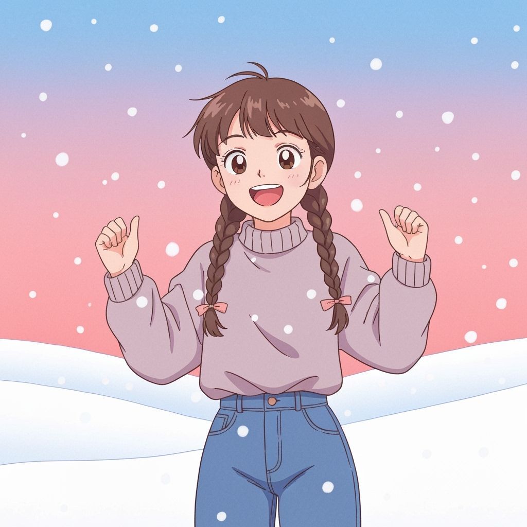 Cheerful Girl in Snow, Retro Japanese Anime Style
