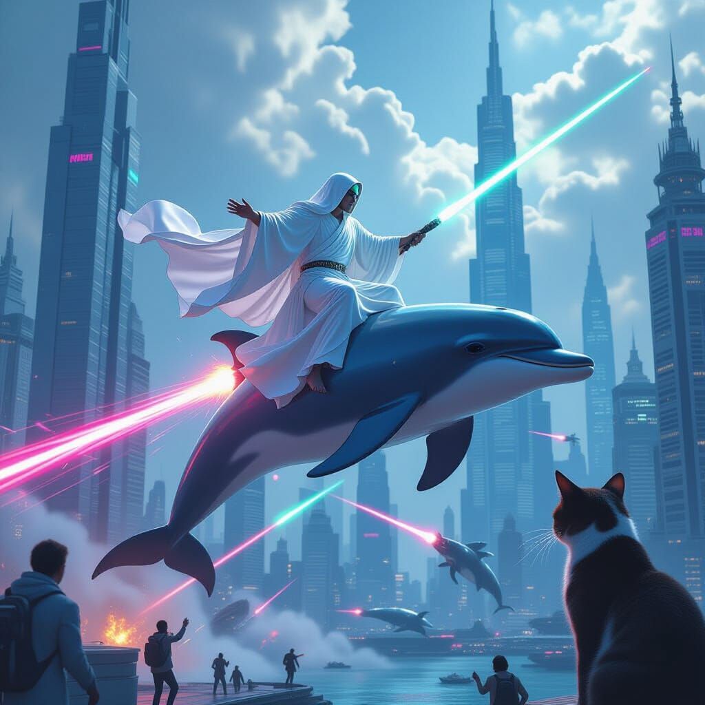 God on Dolphin Battles Laser Cats in City Chaos