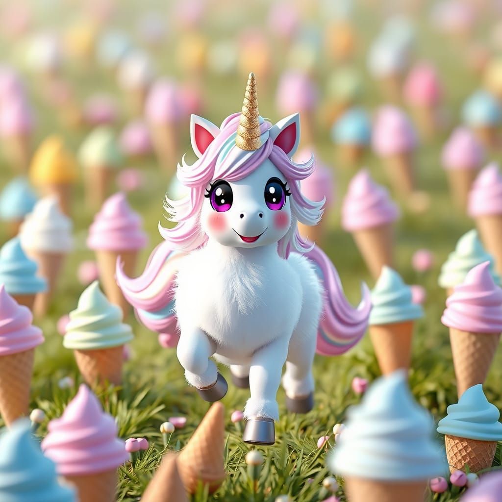 Kawaii Unicorn Prancing Through Ice Cream Field