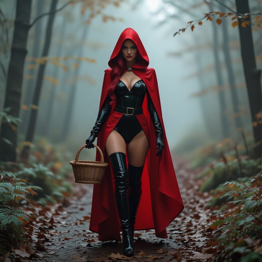 Crimson Haired Figure in Latex Cloak on Forest Path