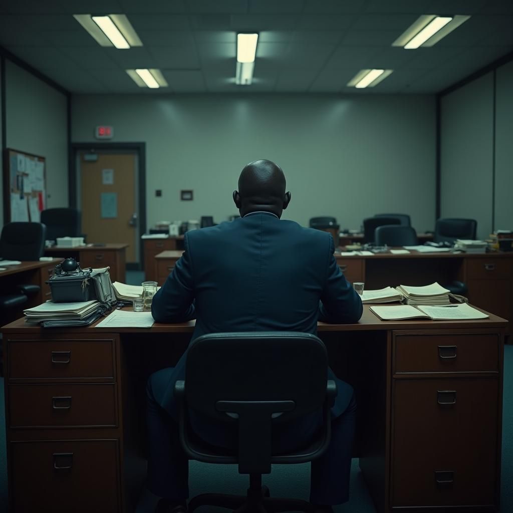 Weary Businessman in Empty Office, Atmospheric Portrait
