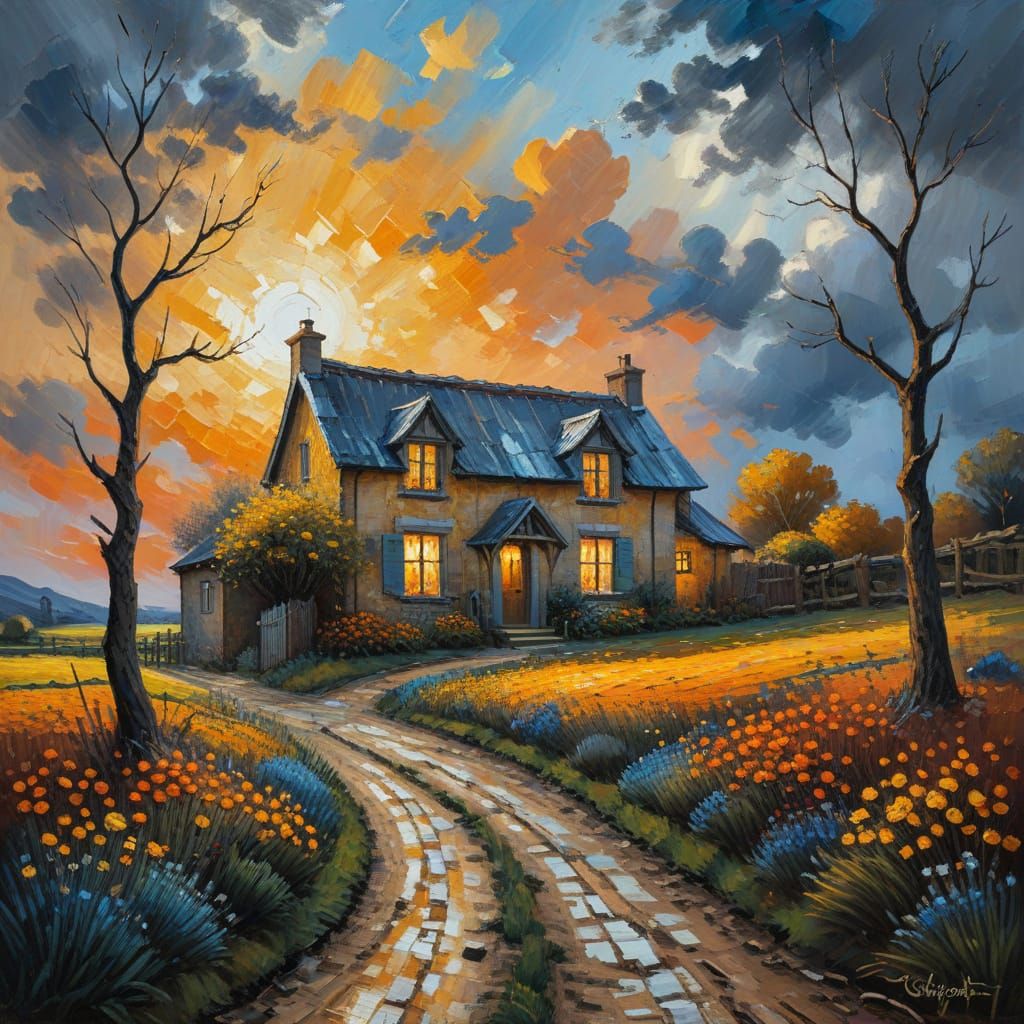 Vibrant Countryside Cottage in Warm, Golden Light