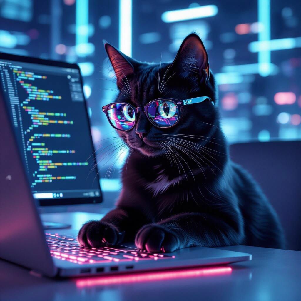 Black Cat Coder in Bright Office, Anime Style