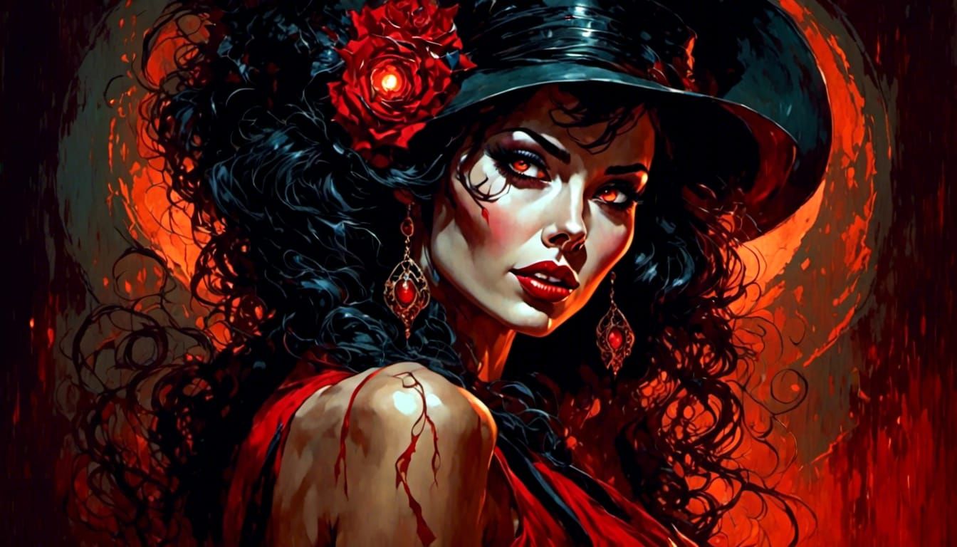 Sinister Glowing Red Eyes in Rockabilly Style