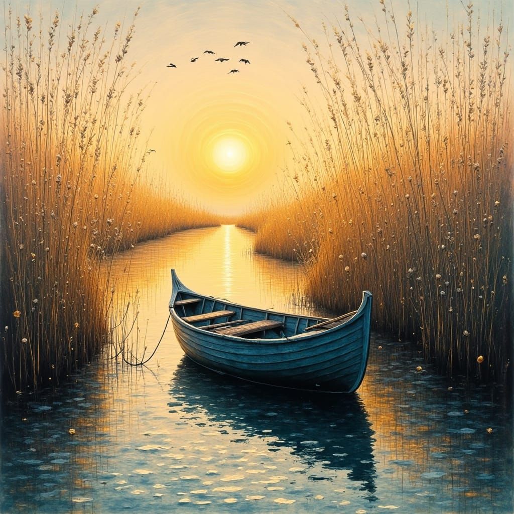 Impressionist Serenity: A Peaceful Boat Scene at Sunset