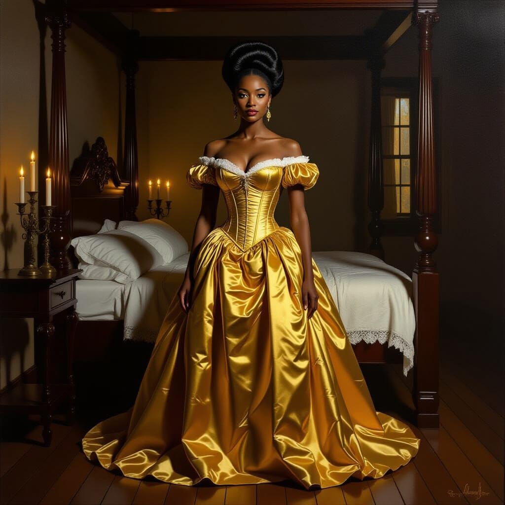 Victorian Gown with Gold Corset in Candlelit Room