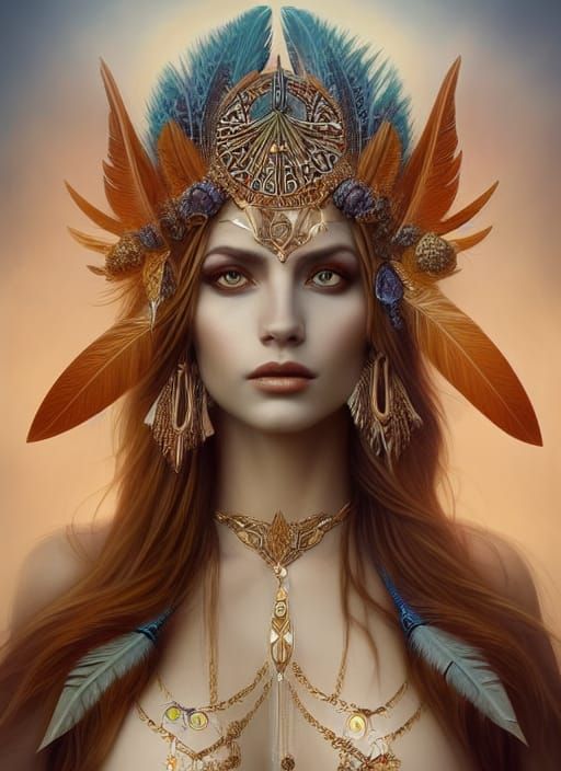 Mystical Tribal Goddess Adorned with Feathers and Gemstones