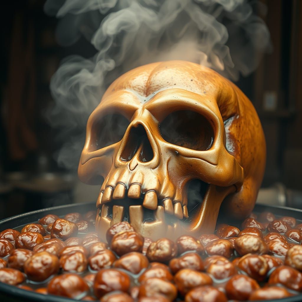 Boiling Meatballs Overwhelm Skull-Shaped Pot in Warm Natural...