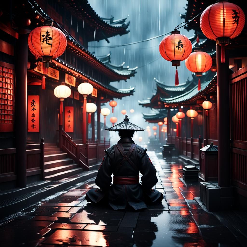 Futuristic Chinatown Samurai Silhouette in Rainy Scene