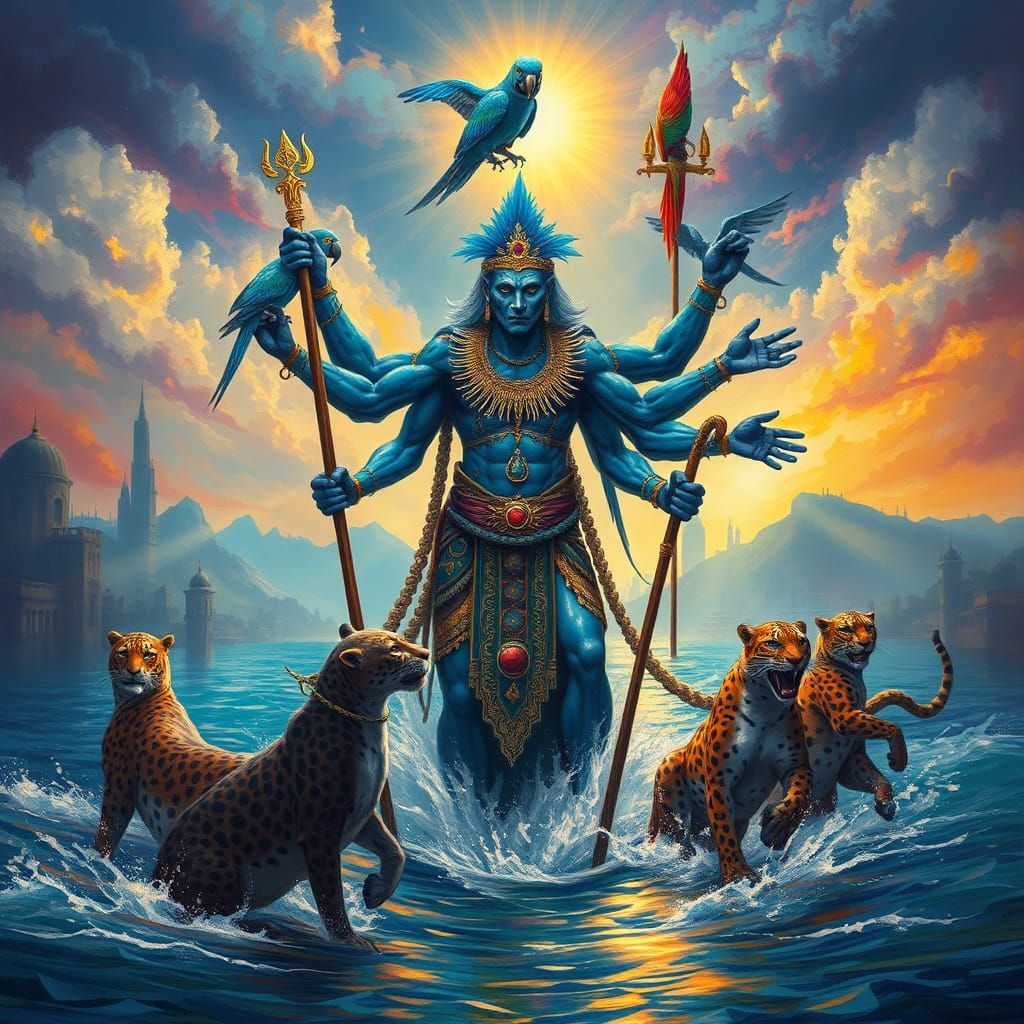 Blue Leopard Shaman in Flooded City, Rothko Style