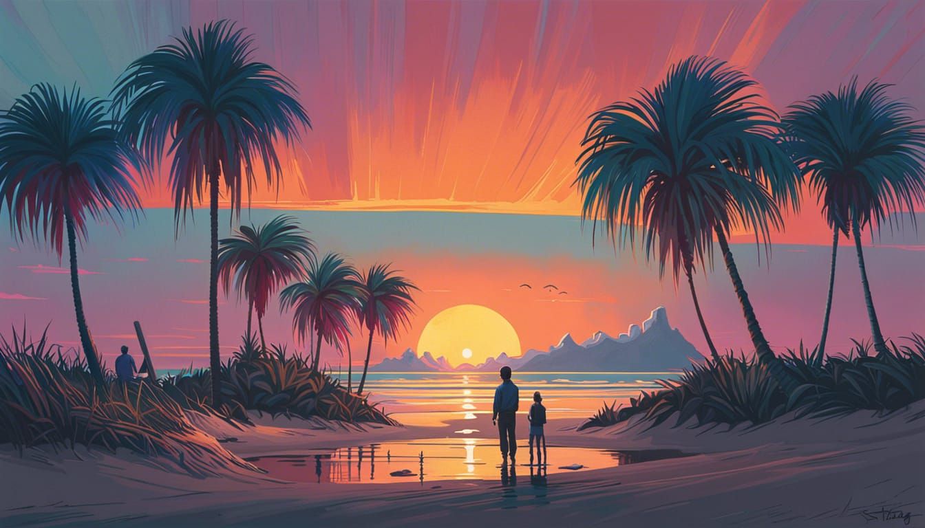 Tropical Island Sunset with Palm Trees