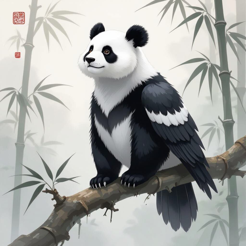Panda-Bird Hybrid in Misty Bamboo Forest