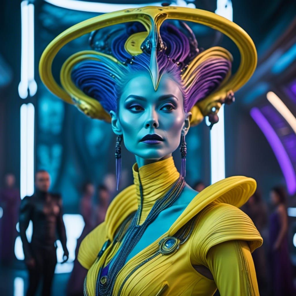 Alien Queen Portrait in Retrofuturistic Cityscape