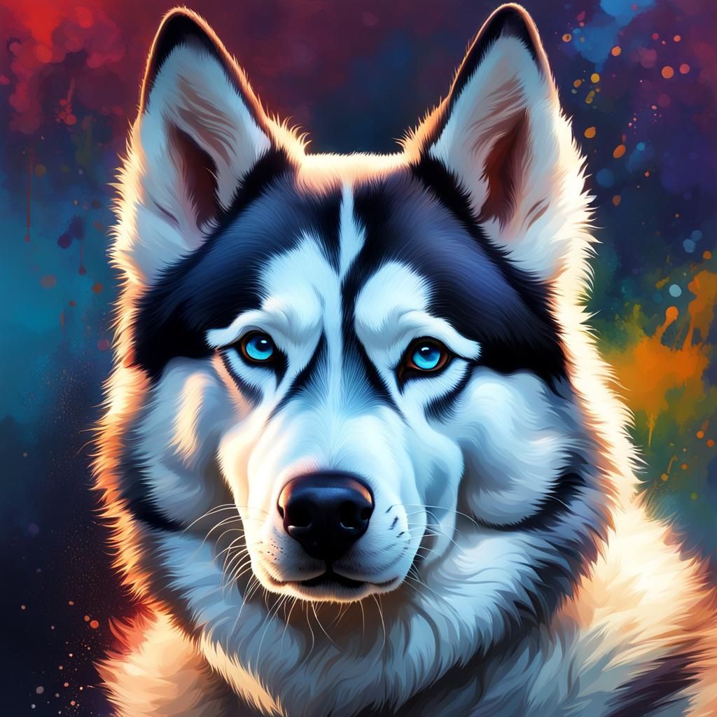 Hyperrealistic Husky Dog Portrait in Splash Art Style