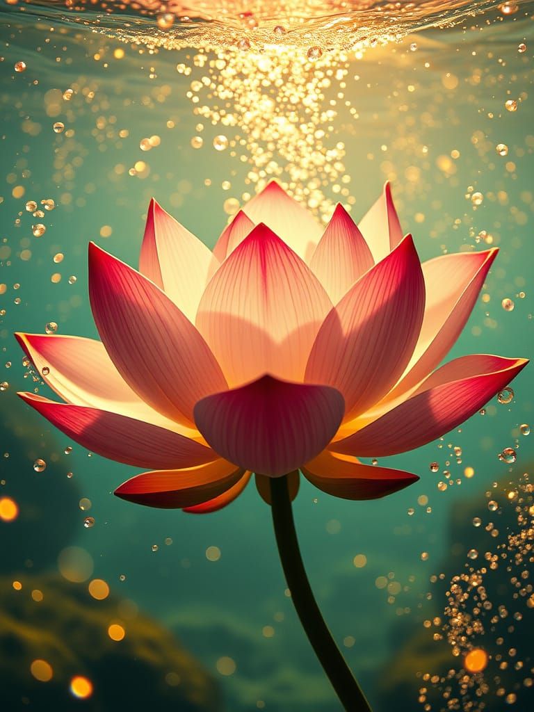 Whimsical Underwater Lotus Scene in Vibrant Hues and Sparkli...