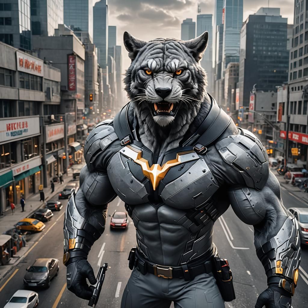Animal Superhero in Cityscape: Maximalist Digital Art