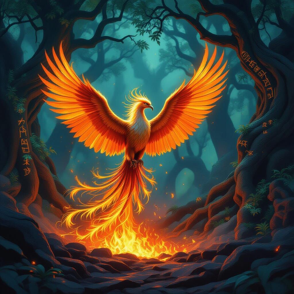 Phoenix Rises from Embers in Mystical Forest