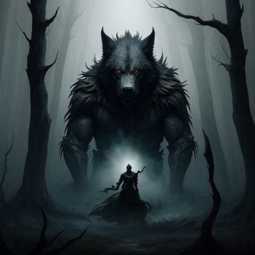 Dark Fantasy Werewolf in Ancient Forest