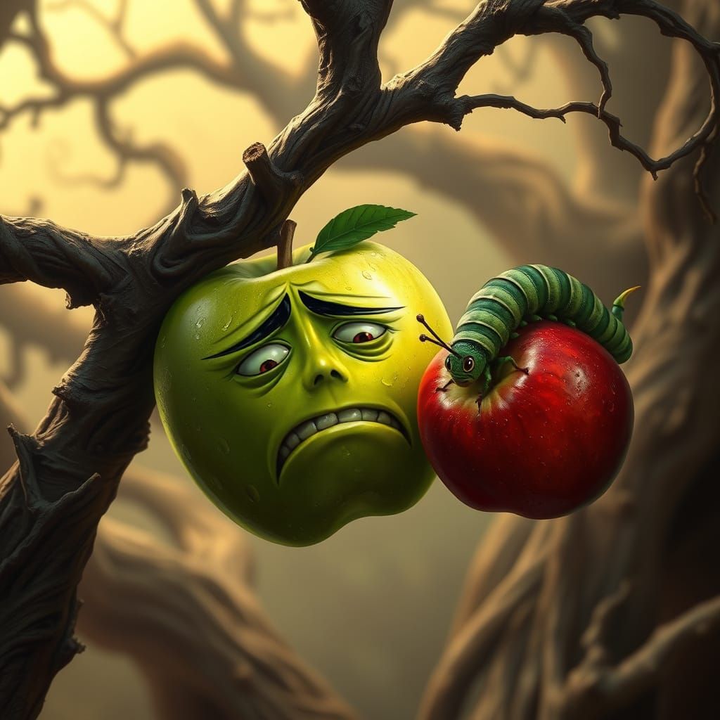 Frightened Green Apple in Despair