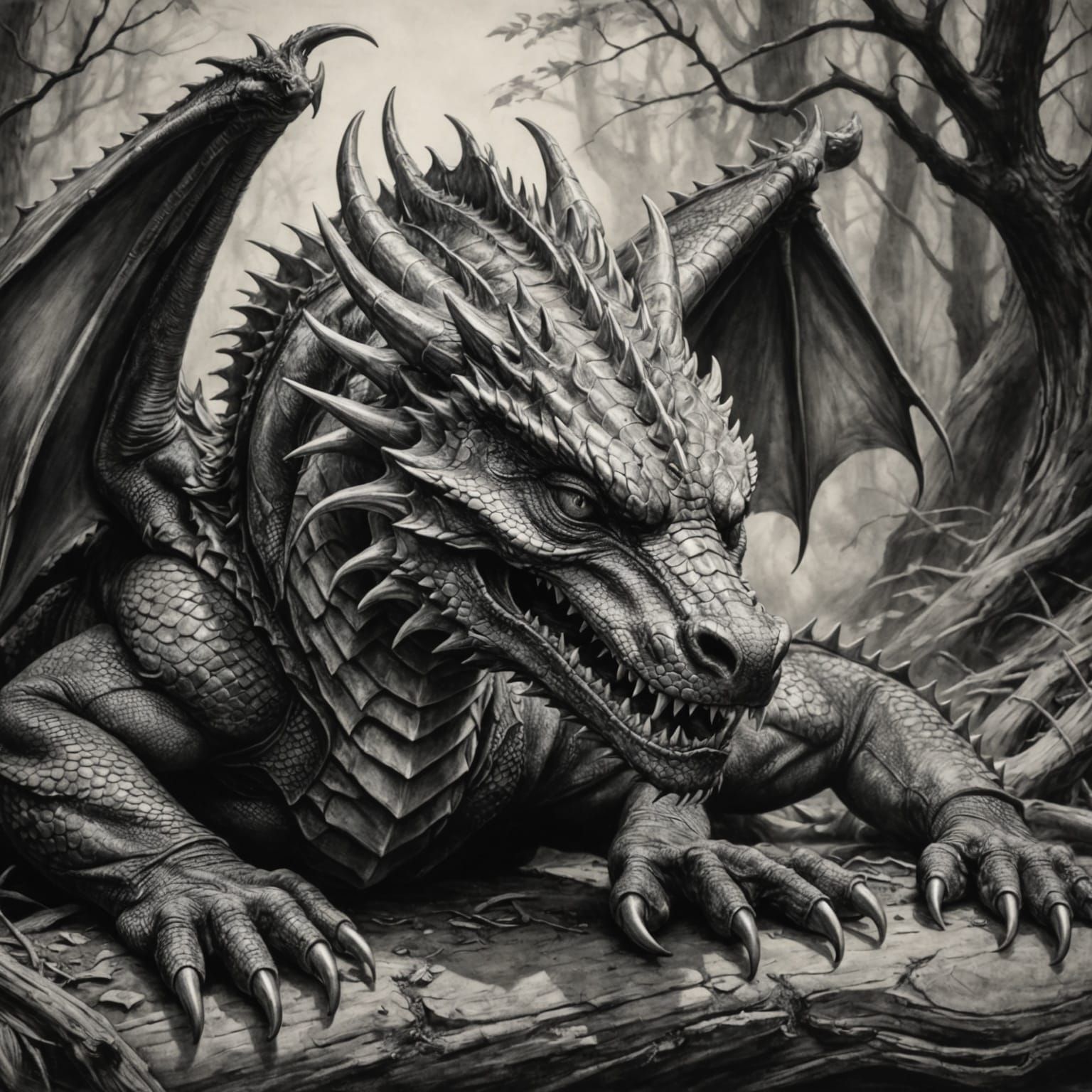 Ancient Dragon in Meditative Repose, Charcoal Drawing