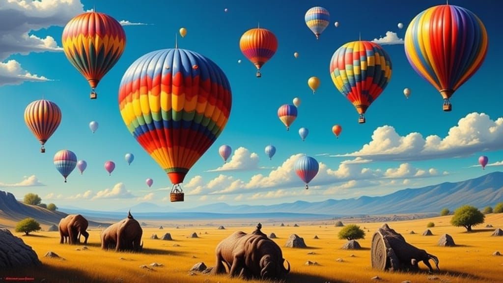 Surreal Neon Landscape with Floating Balloons in Impasto 3D ...