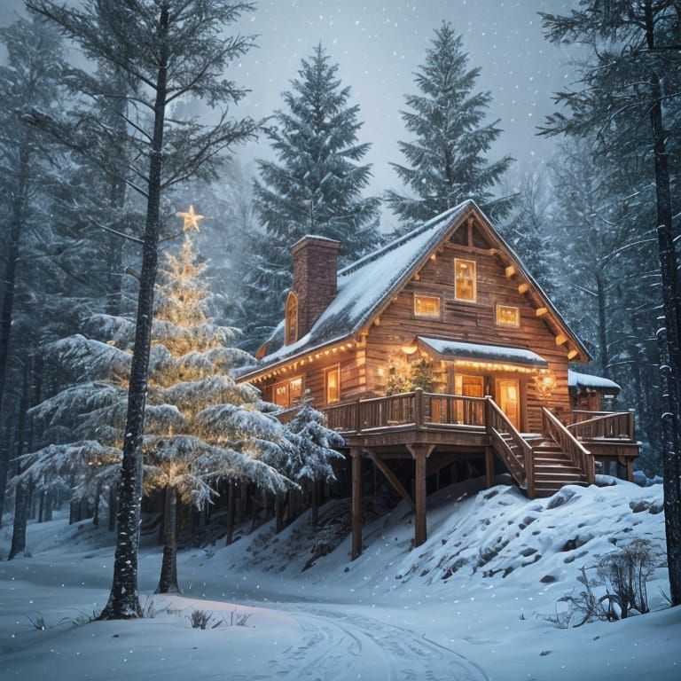 Giant Christmas Tree in Snowy Forest, 3D Digital Art