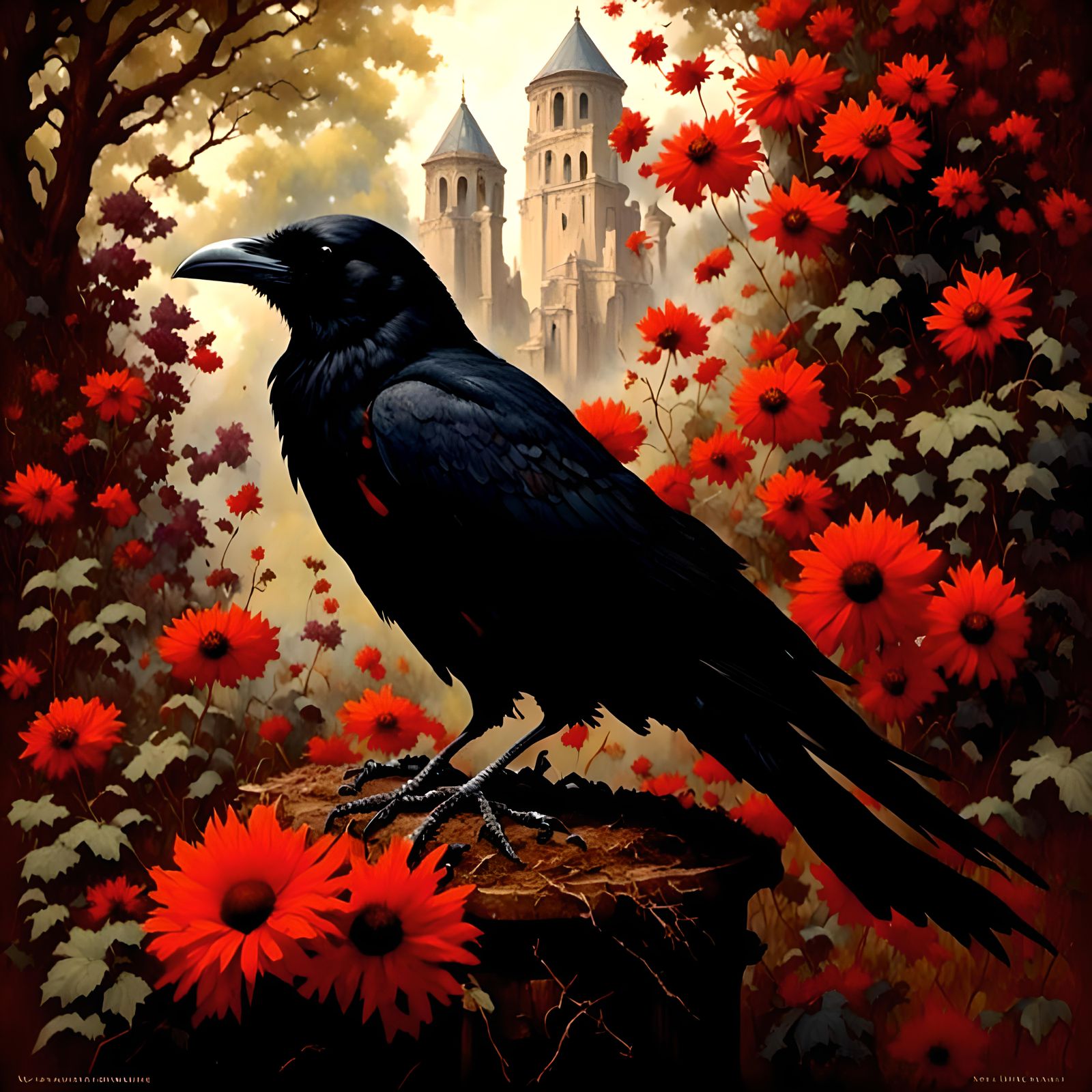 <lora:Ravens Sun:1.0> <lora:EnigmaticGarden1:1.0> Raven