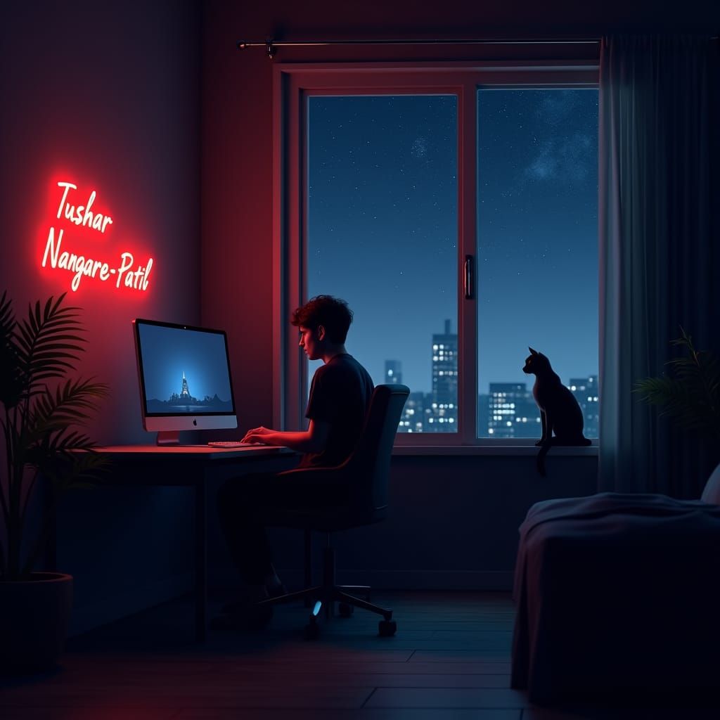 Cozy AI Engineer Room at Night in Anime Style