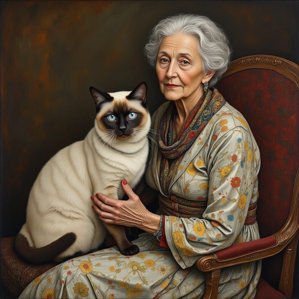 Siamese Cat and Woman Portrait in Oil Painting Style