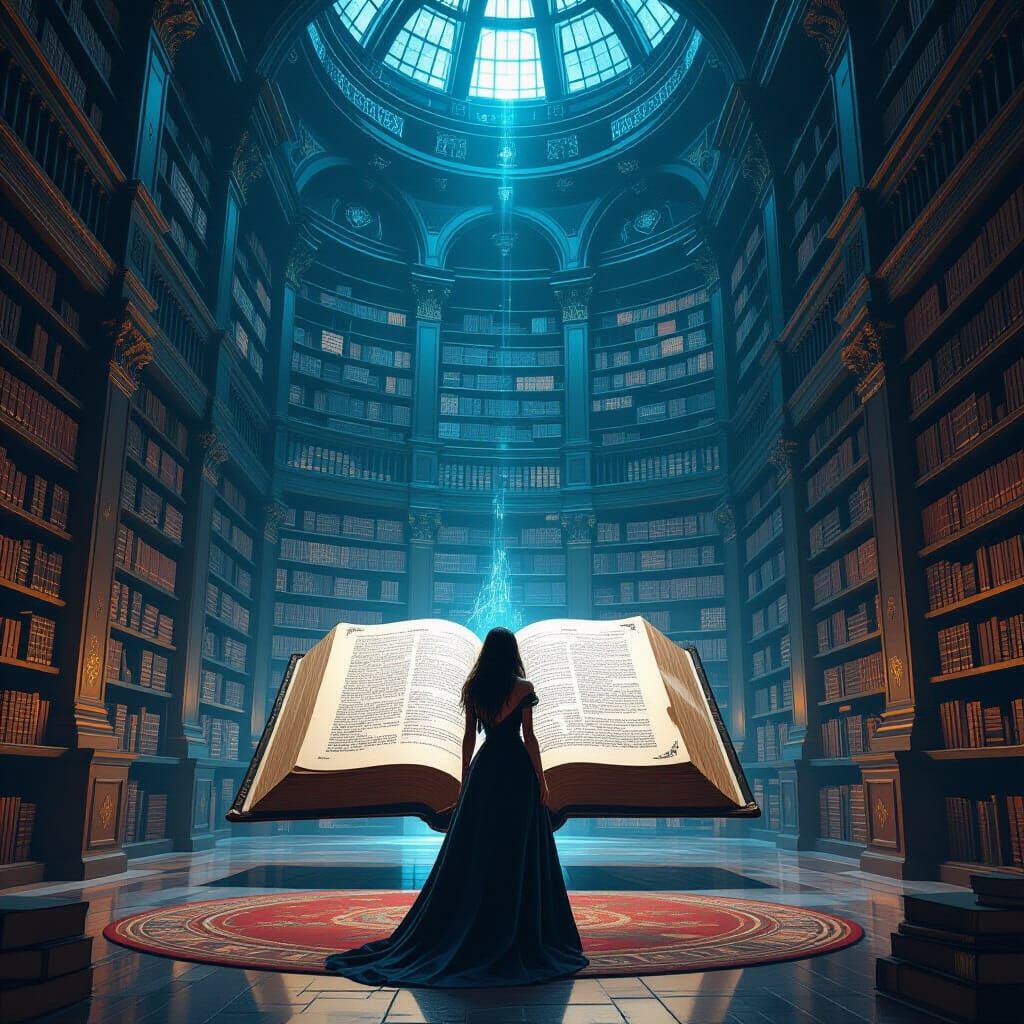 Woman in Surreal Library, Digital Art