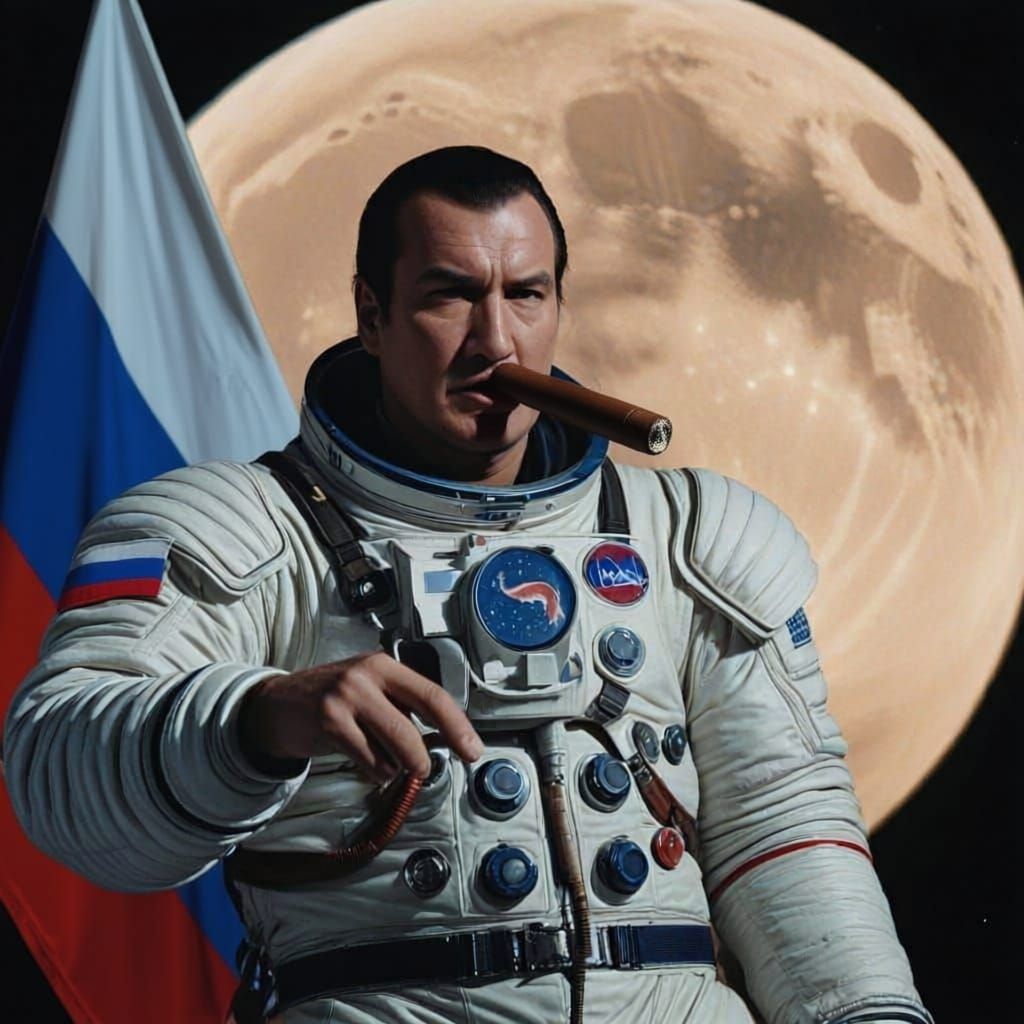 Astronaut Raises Russian Flag on Moon in Cinematic Film Stil...