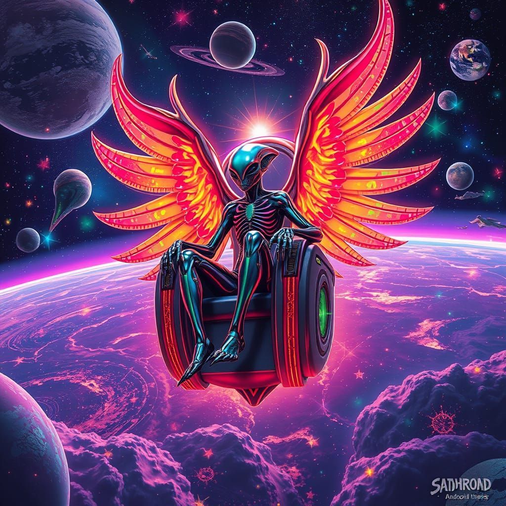 Cosmic Throne of Resilience in Vibrant, Neon-Lit Style