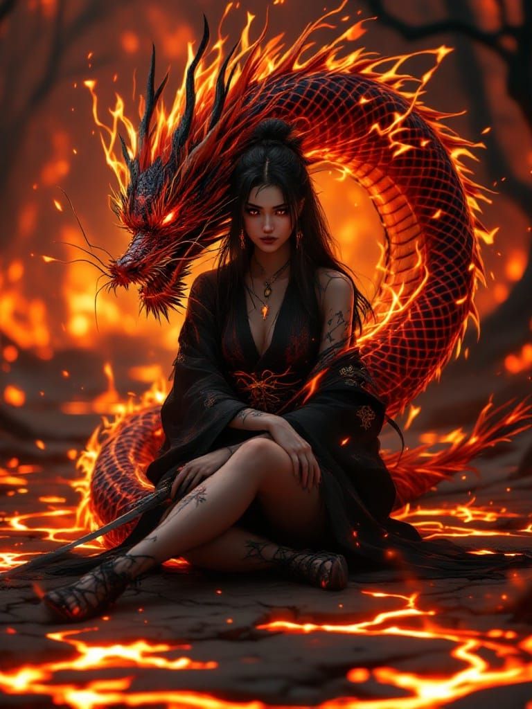 Surreal Warrior Goddess Surrounded by Flames and Dragons