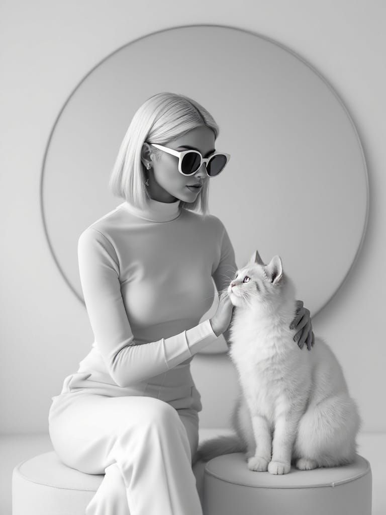 Elegant Woman in White, Gazing at Her Cat in a Modern Graysc...