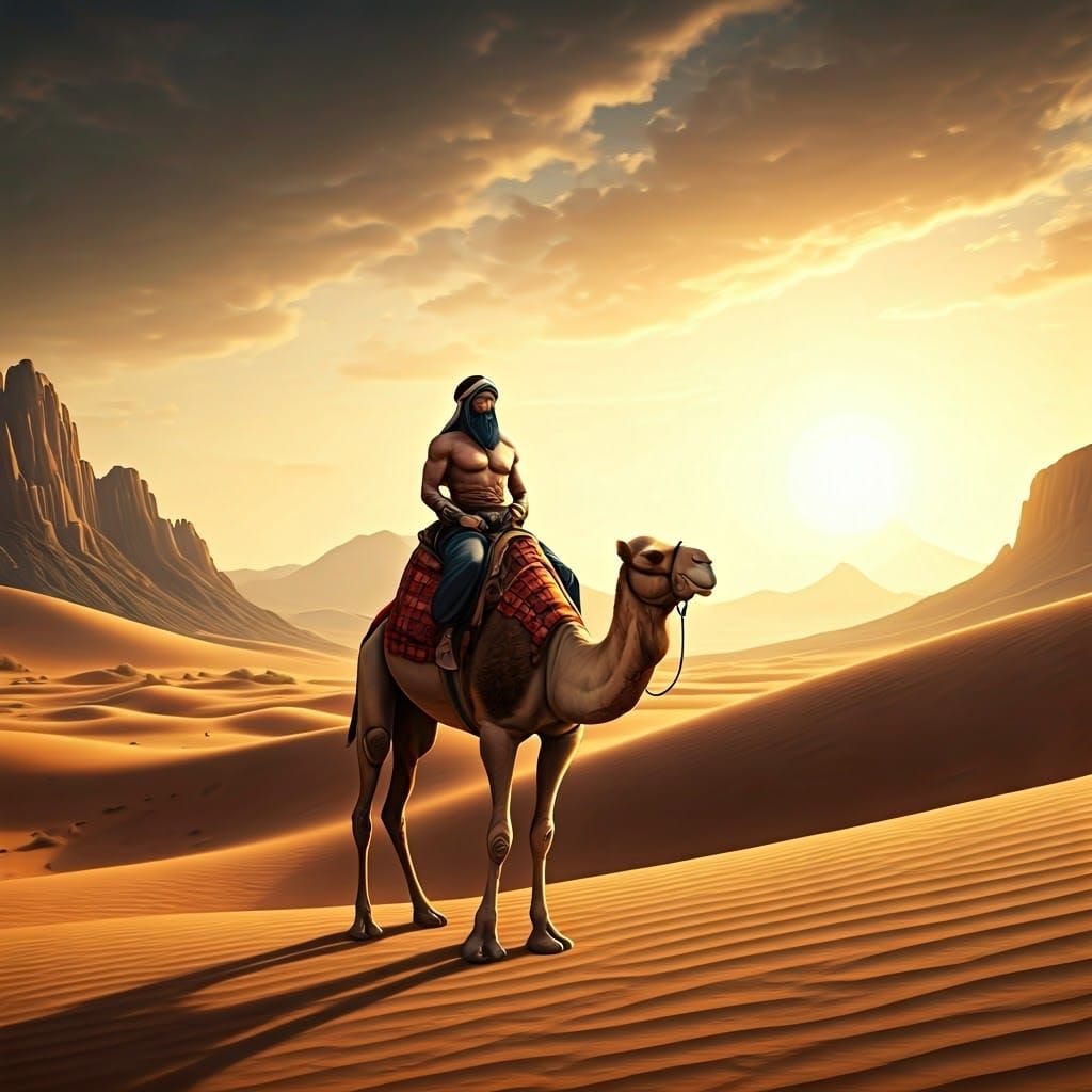 Regal Desert Warrior Rides Magnificent Camel