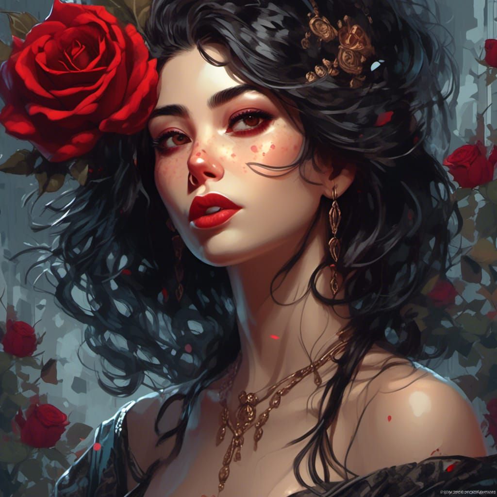 Beautiful Woman with Rose, Comic Book Style Portrait