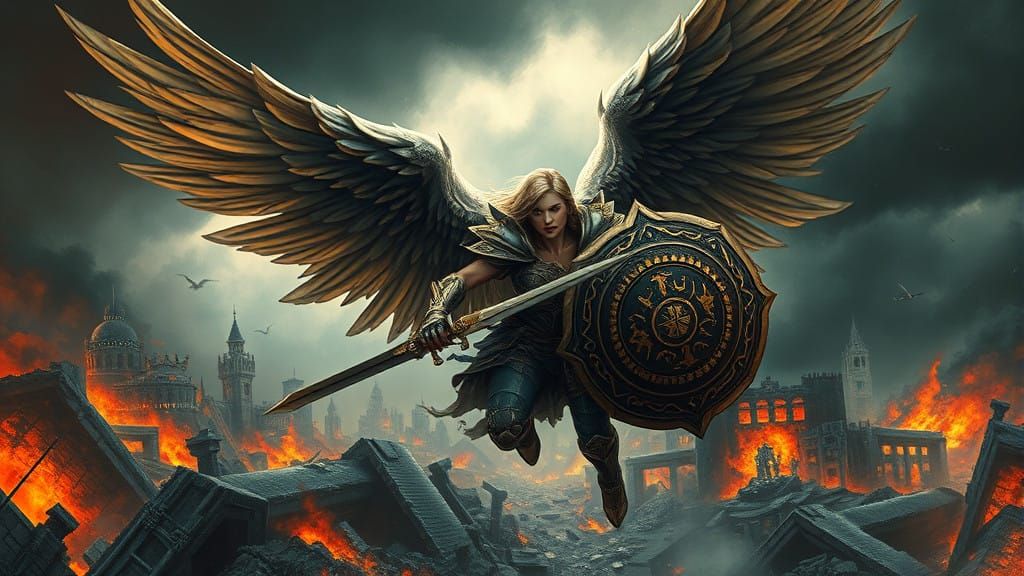 Ethereal Warrior Soars Amidst Apocalyptic Ruins in a Cyberpu...